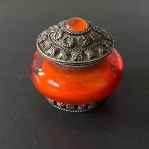 vintage Nepalese orange glass & metal trinket jar
